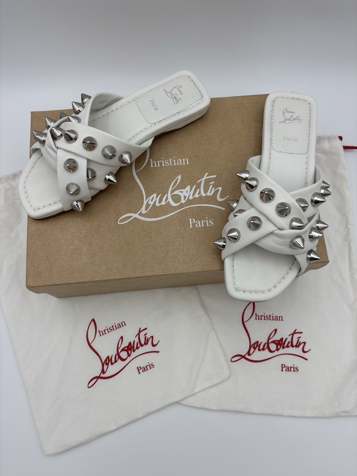 Christian Louboutin Miss Spika Club Slides Sandals White Leather Spikes Size 37